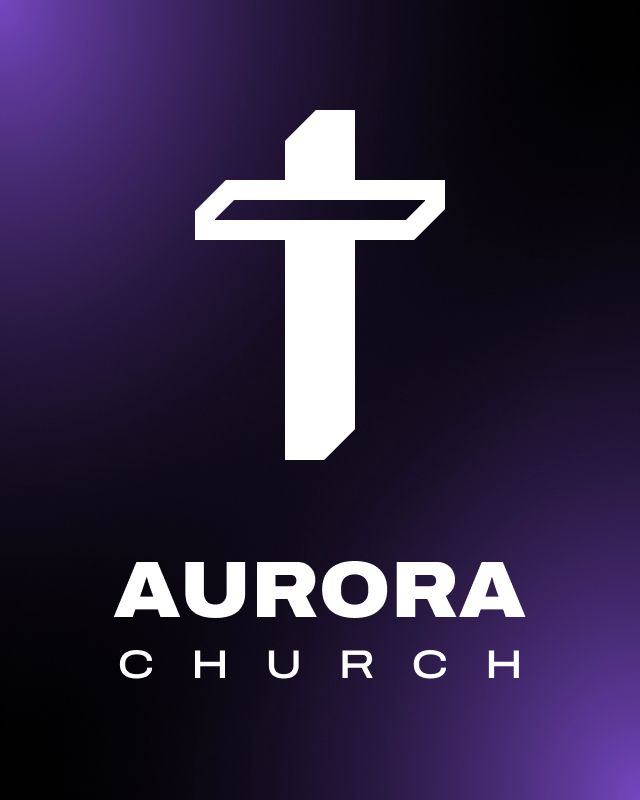 White cross with vertical beam punched out on a black background with a circular purple gradient in the corners. Below the cross is "Aurora Church" in white.