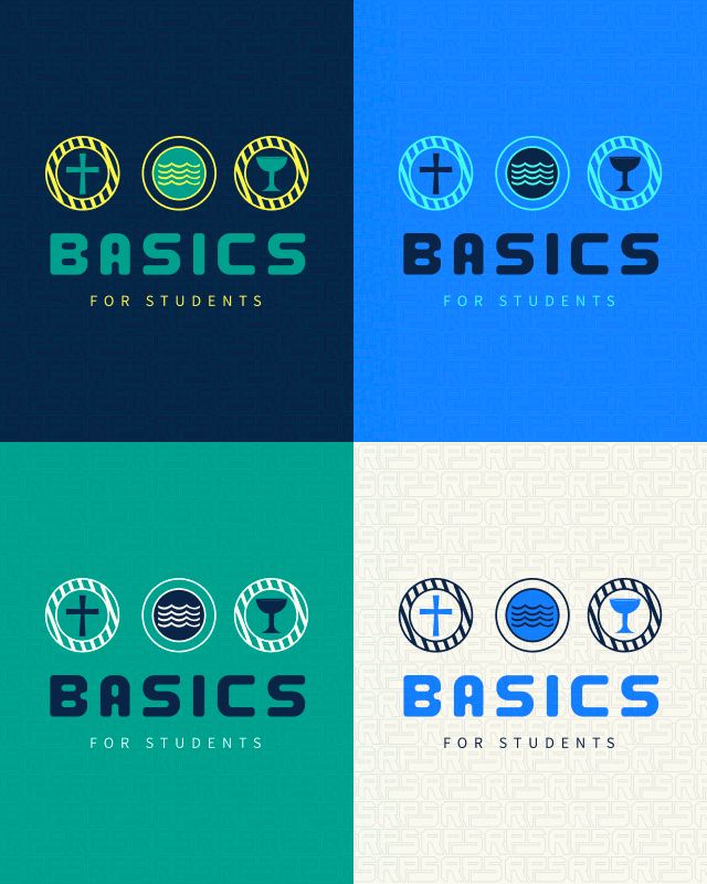 Mockup with four examples of color schemes for the ministry with the logo and a background. The design features a solid color background with an overlaid pattern, three symbols for salvation, baptistm, and communion, and the text “Basics for Students” in the center.